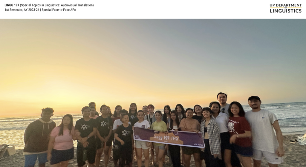 A group of students and faculty from the UP Department of Linguistics together with members of the Hiraya Collective for the Blind gather in San Juan beach at sunset. They are lined up in a casual formation, smiling and holding a banner that reads LINGG 197 THX. The sky is painted in soft hues of orange and blue. The mood is celebratory and relaxed.